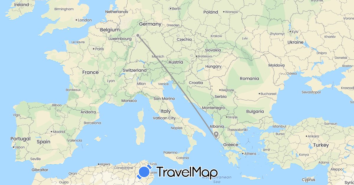 TravelMap itinerary: driving, plane in Germany, Greece (Europe)